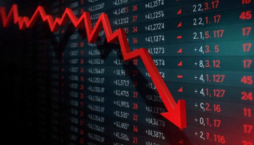 Cyient's stock market display showing a downward trend with a prominent red arrow indicating a decline. The background consists of black panels with green and red numbers representing stock prices, with many values in red, indicating losses.